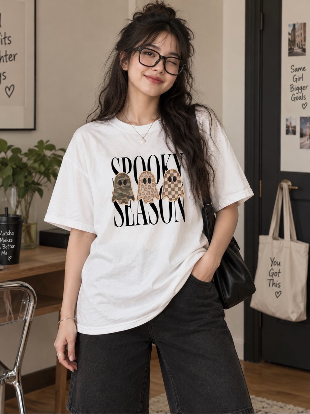 Spooky Season Leopard Checkered Camo Ghosts Fall Aesthetic Graphic Tee